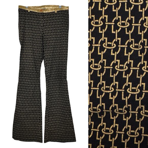 Black and Gold Chain Print Flare Pants 2 Made in France - Picture 1 of 9